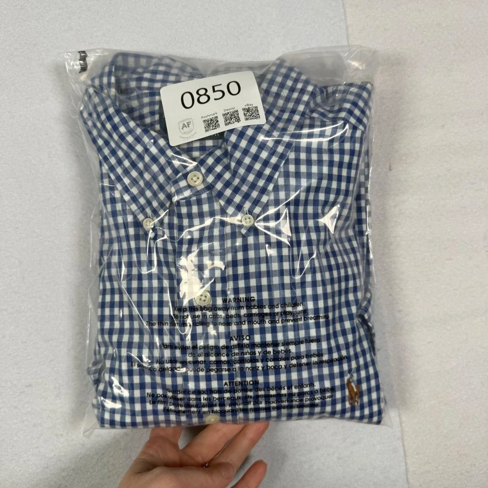 Polo Ralph Lauren Mens Classic Fit Gingham Button Down Shirt Navy Blue White L - Picture 10 of 10